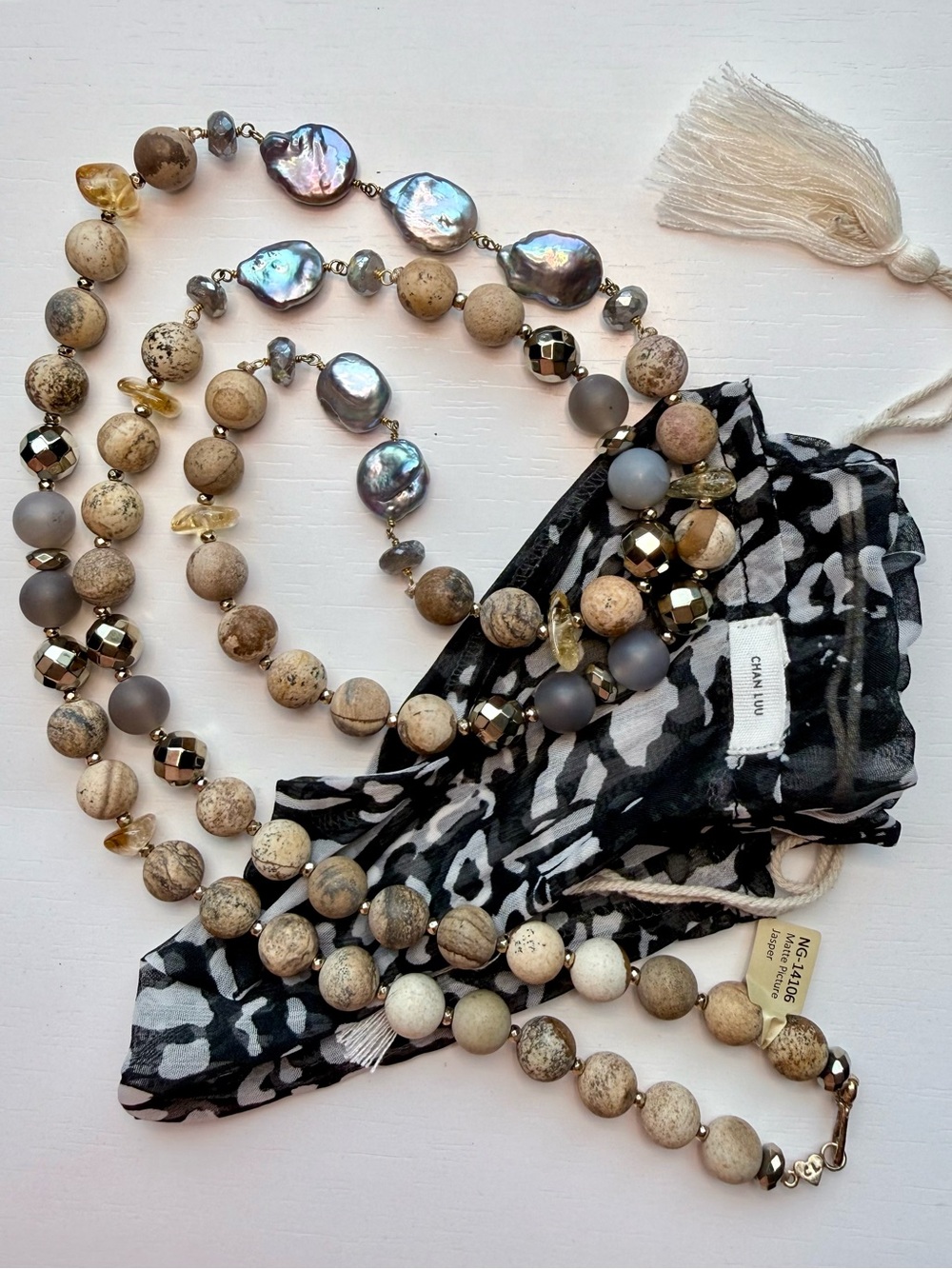 Chan Luu Long Necklace Baroque Pearl and Jasper Long Citrine Labradorite 28”